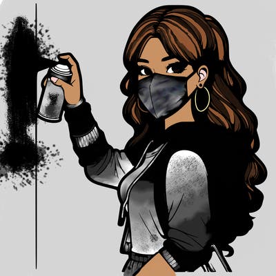 realistic girl with mask spray painting a wall