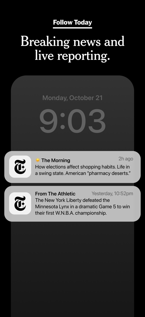 iPhone lock screen displaying New York Times breaking news and sports notifications from The Athletic.