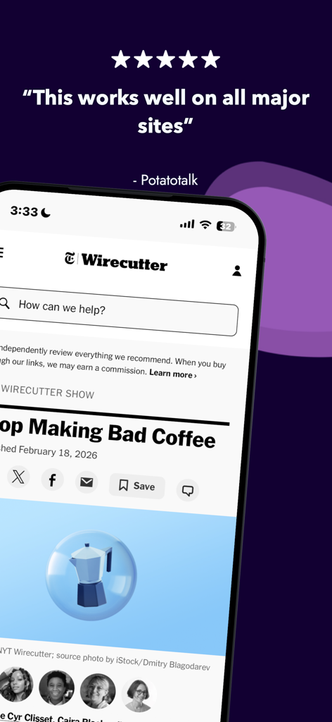 WebRewind - Web Archiver - 主要なサイトすべてでうまく機能すると述べている5つ星のユーザーレビューと、アーカイブされたWirecutter記事を表示するiPhoneを示すWebRewindアプリのスクリーンショット。