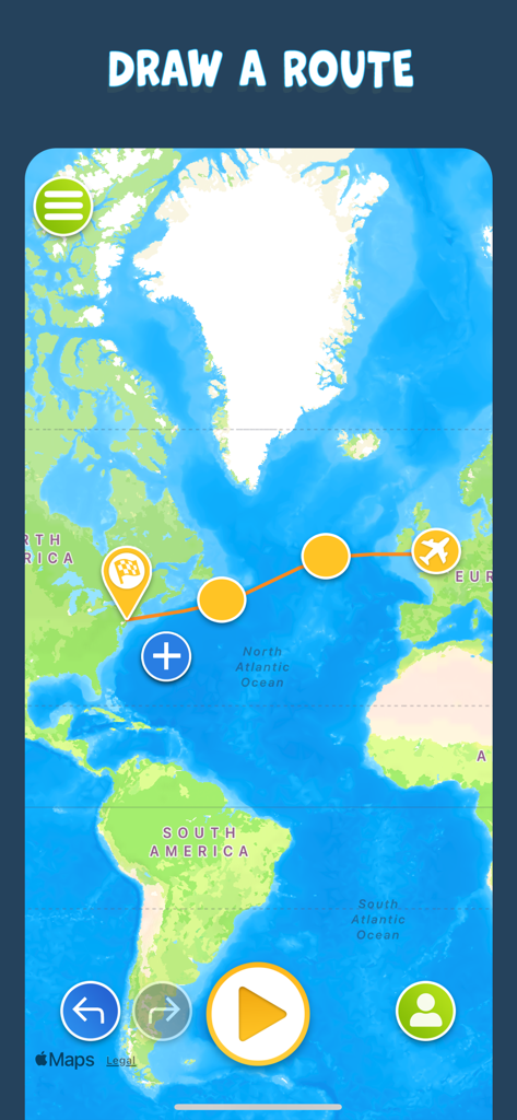 A screenshot of the TravelBoast app interface showing a flight route drawn across the Atlantic Ocean on a world map