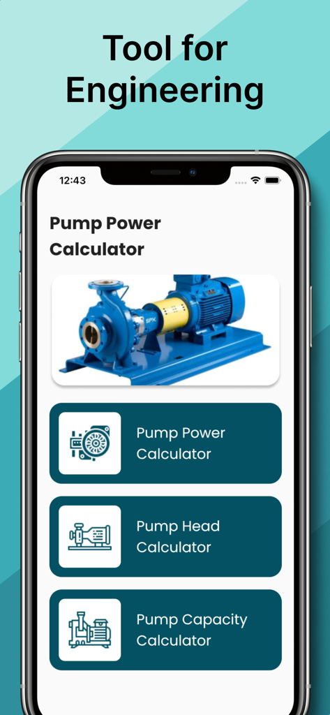Pantalla de inicio de la aplicación Calculadora de Potencia de Bomba que muestra opciones de cálculo de potencia, carga y capacidad para ingenieros.