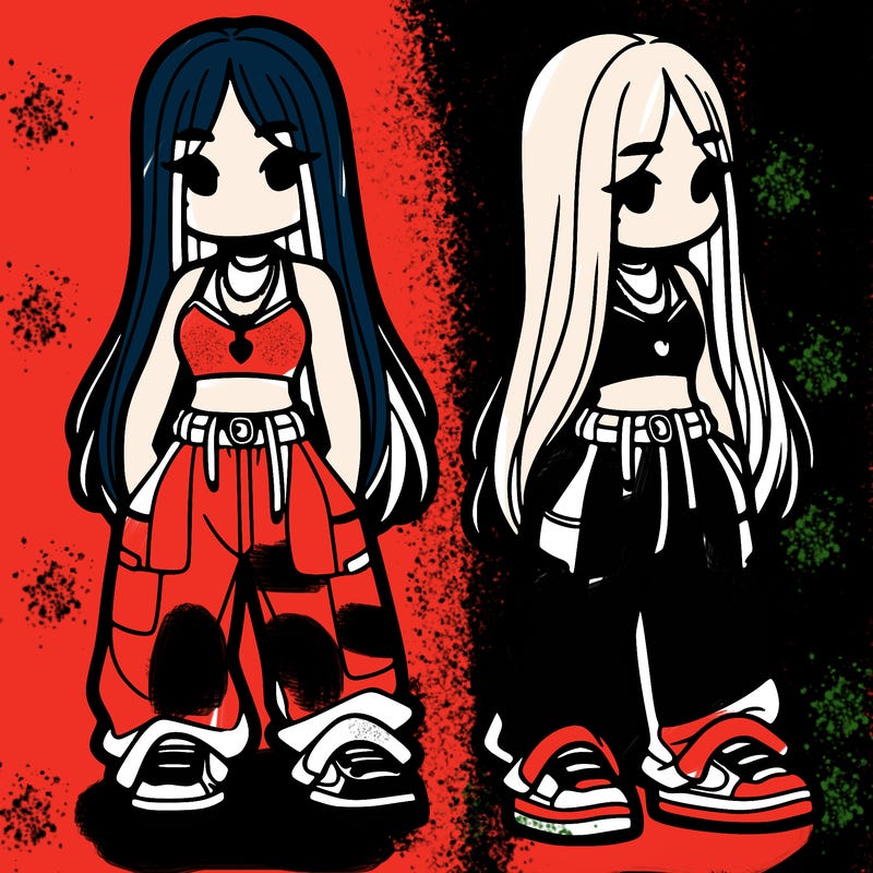 girl in baggy pants crop top and long hair