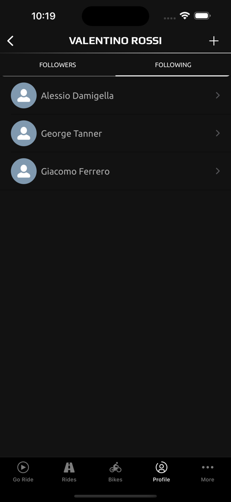 Social following list screen within the MyRide motorcycle app