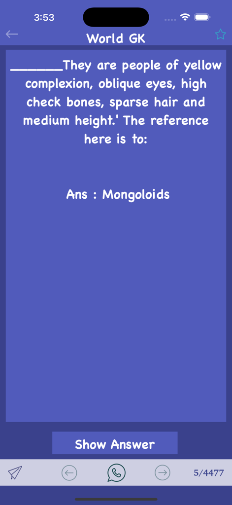 World General Knowledge - GK - Una pantalla de pregunta y respuesta de trivia de la aplicación World General Knowledge.