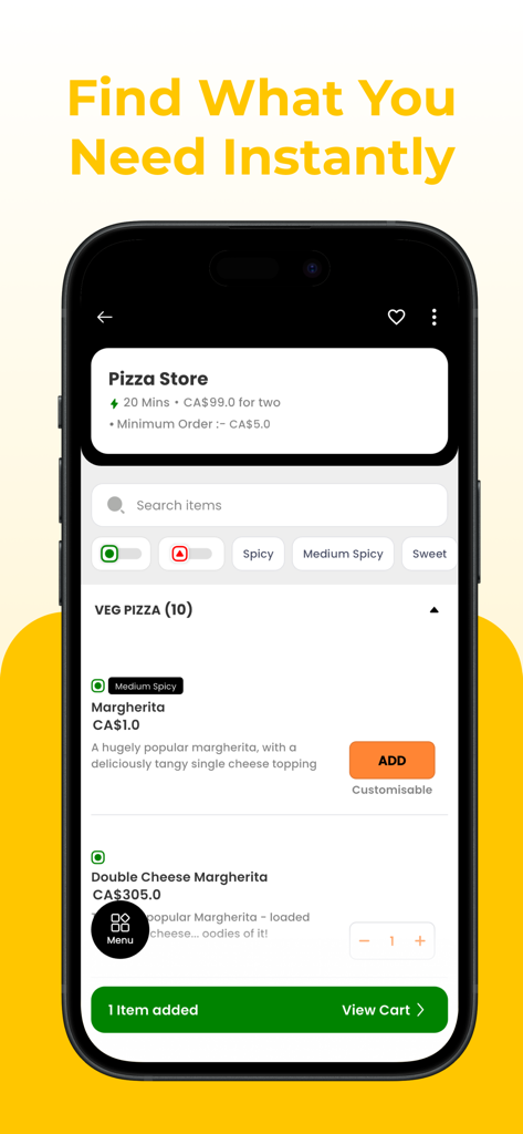 Interfaz de la aplicación Foodie Online Delivery mostrando elementos del menú de pizza y filtros de nivel de picante