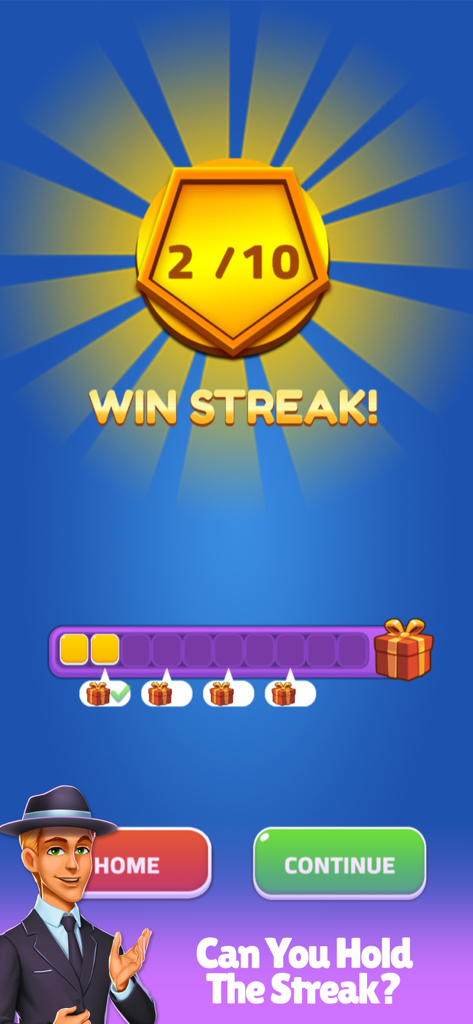 Una pantalla de racha de victorias en Dominoes Infinite que muestra una barra de progreso de dos de diez y un cofre de recompensas.