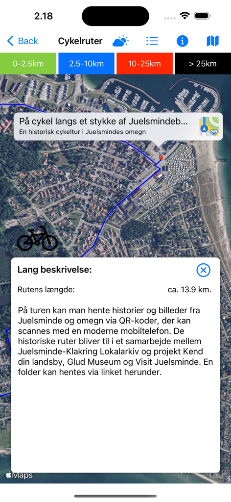 Satellitenkartenansicht einer Radroute in Dänemark mit Routendetails und Entfernungsfiltern