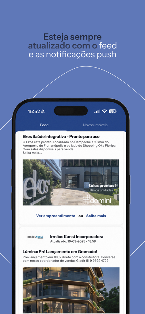 Bloco App - Interface móvel do Bloco App exibindo um feed de notícias com atualizações de projetos imobiliários e listagens de propriedades