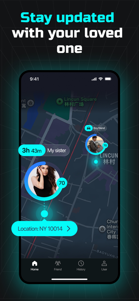 Mobile interface of LoveTracker showing live location sharing for a sister and boyfriend on a city map.