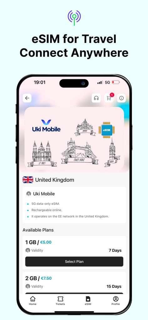 Vignetim | Vignette & eSIM - Vignetim app interface showing 5G travel eSIM data plans for the United Kingdom including one gigabyte and two gigabyte options.
