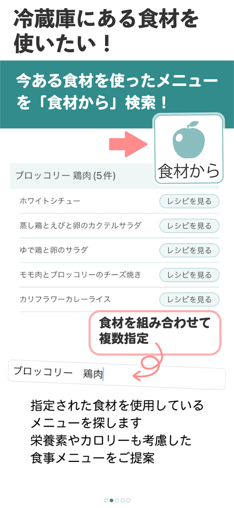 冷蔵庫にある材料に基づいてレシピの提案を示す日本の低糖質アプリのインターフェース