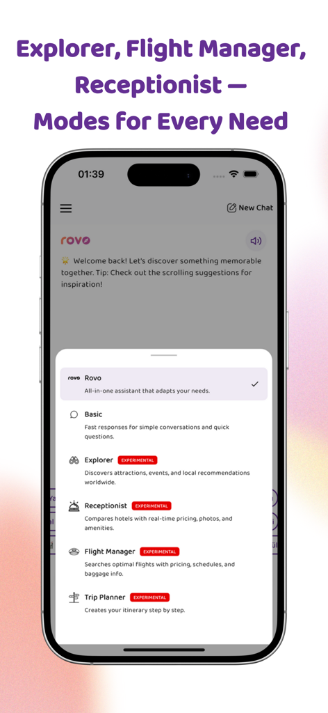 Rovo - Travel Agent - 항공권 관리자 및 여행 플래너를 포함한 다양한 여행 AI 어시스턴트 모드를 보여주는 Rovo 앱 인터페이스