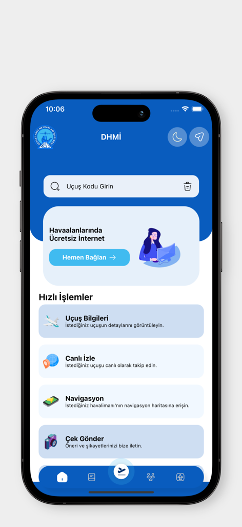 DHMİ Uçuş Rehberim - Home screen of the DHMI Flight Guide mobile app displaying flight tracking and airport service features.