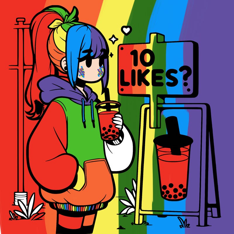 girl with oversized hoodie drinking boba and she has a high ponytail with a sign that says 10likes?