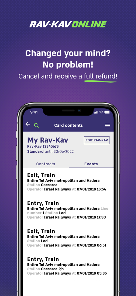 Rav-Kav Online רב-קו אונליין - Interfaz de la aplicación Rav-Kav Online mostrando el historial de viajes de transporte público y un mensaje de política de reembolso
