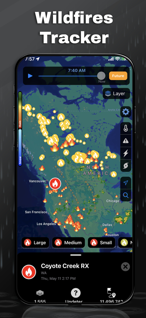 A wildfire tracker map in the SkyFlip weather app displaying active fire locations across North America