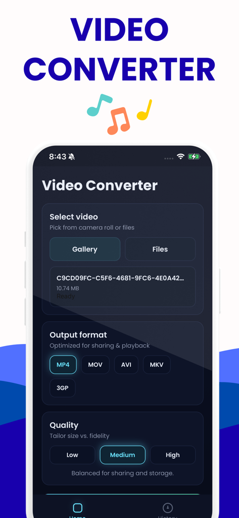 ビデオコンバーターアプリのインターフェース。ビデオを選択し、MP4を出力フォーマットとして選択するオプションが表示されています
