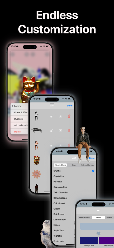 Create ART: Gen Ai Art Player - Cuatro pantallas de iPhone que muestran los menús de personalización de la aplicación Create ART para filtros, capas y colores