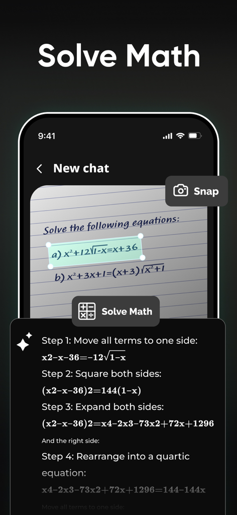 Smart AI Assistant app solving a math problem using the AI camera feature with step by step reasoning