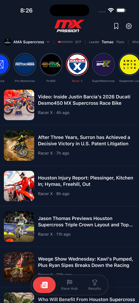 MX Passion - Feed de noticias de la aplicación MX Passion mostrando artículos de motocross y supercross de múltiples fuentes