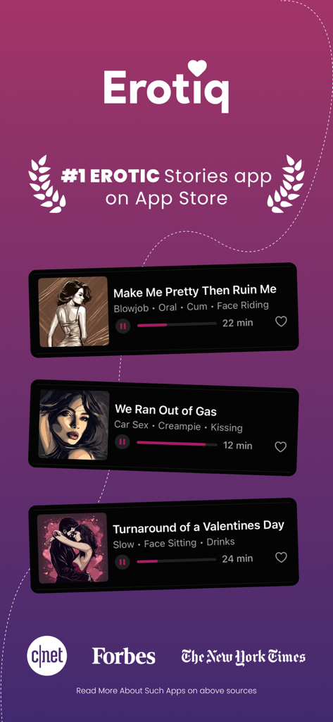 Erotica app main screen displaying a selection of spicy audio stories with media endorsements from Forbes and The New York Times