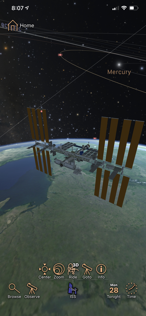 International Space Station orbiting Earth in the Luminos astronomy app