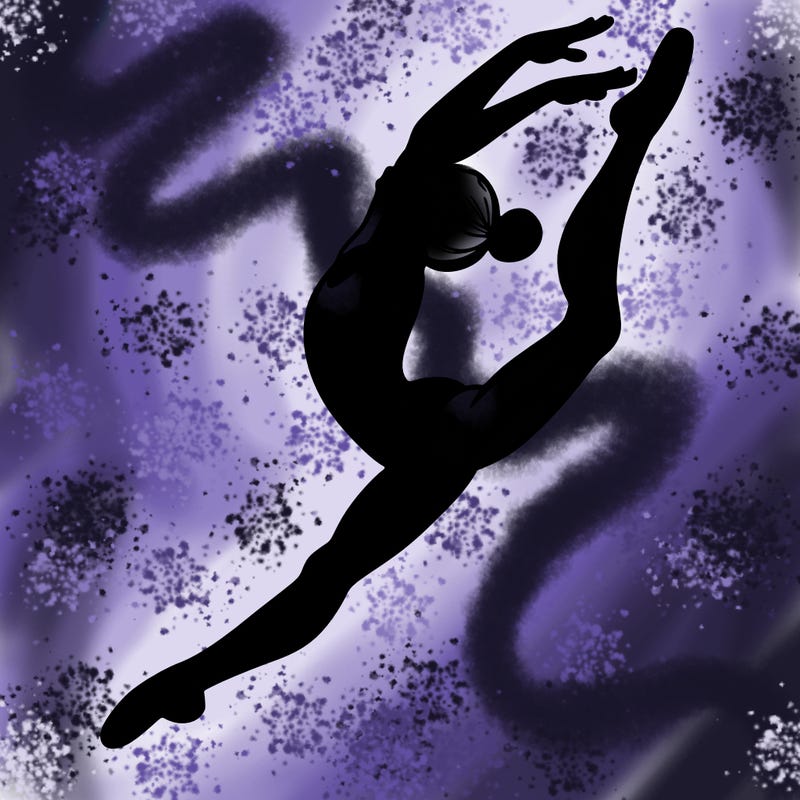 gymnast doing a leap in a leotard with a bent back leg