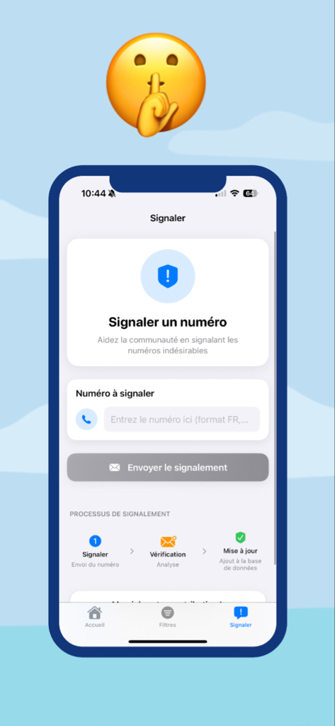 Silence app interface showing the feature to report unwanted phone numbers