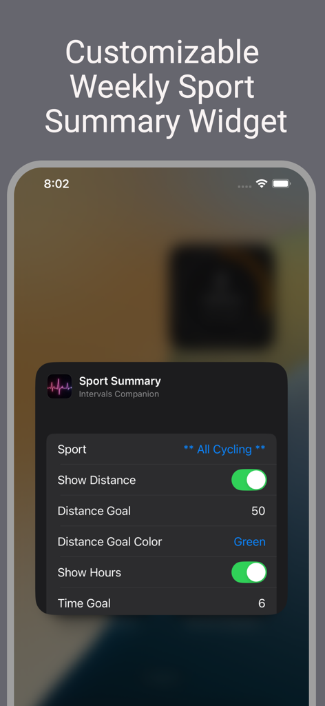 Configuración personalizable del widget de resumen deportivo semanal para objetivos de distancia y tiempo de ciclismo en un iPhone