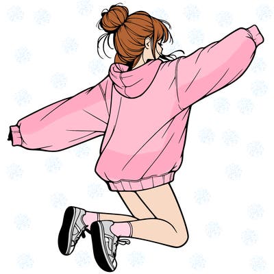 realistic girl jumping with a bun and oversized sweatshirt