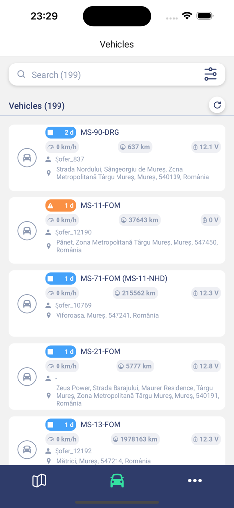 Ecomotive+ - Ecomotive plus app displaying a list of tracked fleet vehicles with real time status and location details