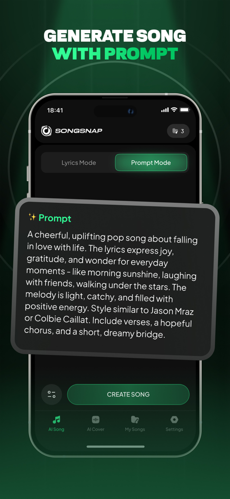 SongSnap: AI Music Maker - SongSnap app interface showing how to generate a song using a text prompt