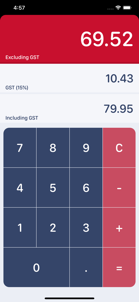 Interfaz de la aplicación Calculadora de IVA de NZ que muestra cálculos de impuestos del 15 por ciento