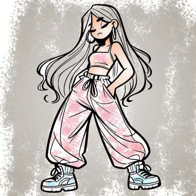 girl in baggy pants crop top and long hair