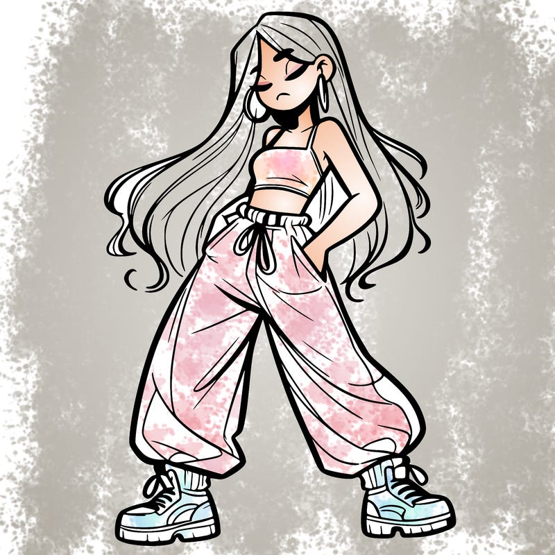 girl in baggy pants crop top and long hair