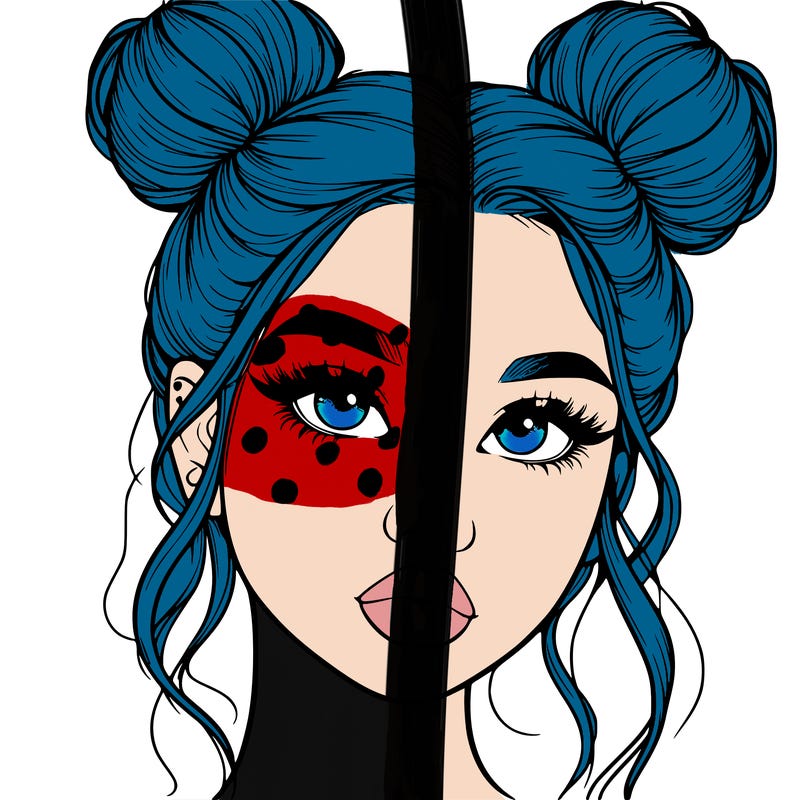 realistic girl with two buns on her hair and lips