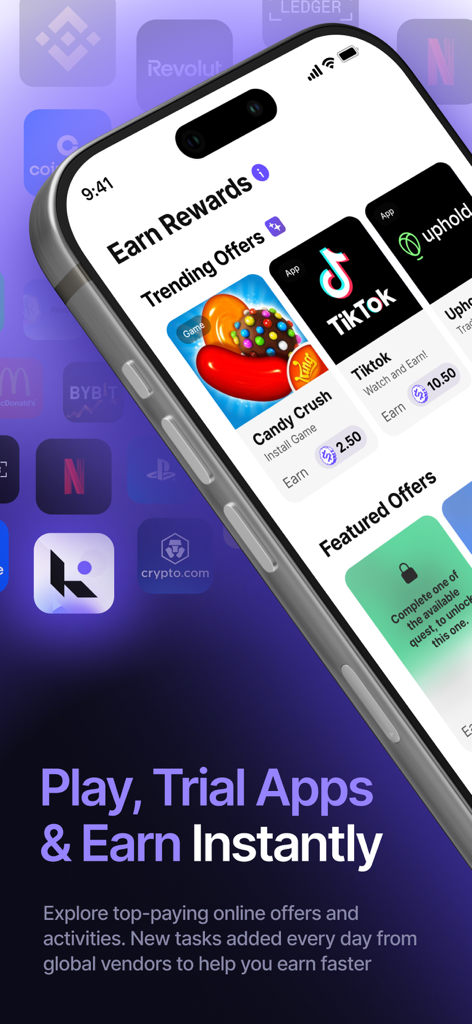 Klink: Earn Cash & Rewards - A smartphone screen displaying the Klink app interface with trending offers to earn rewards by playing games and testing apps.