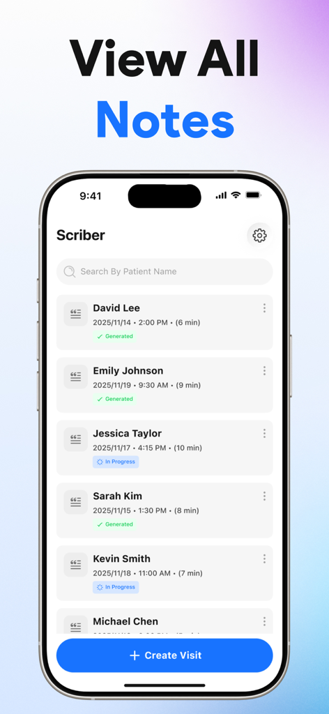 Dashboard of the AI Medical Scribe app showing a list of patient clinical notes and their generation status.