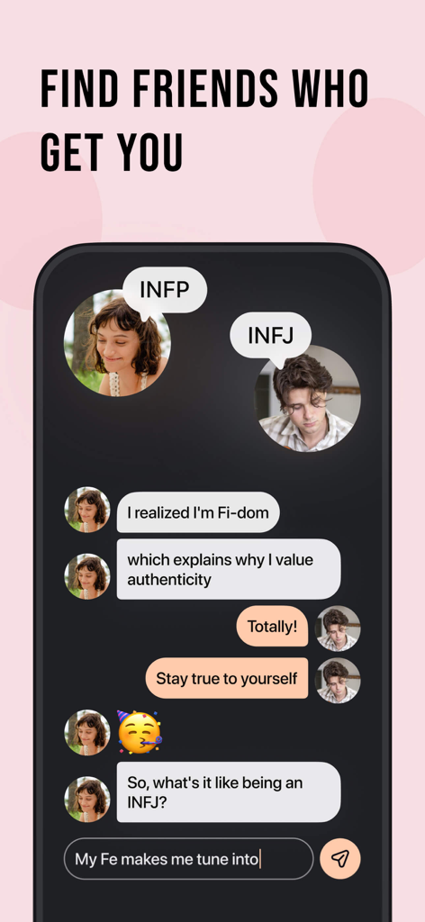 A mobile chat interface showing two users discussing their MBTI personality types