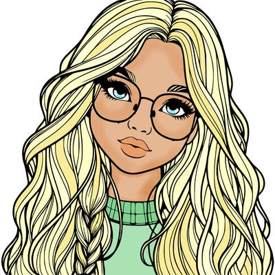 girl with long hair and freckles and glasses realistic