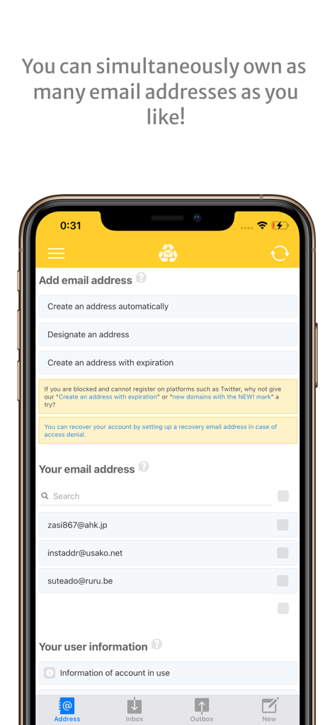 InstAddr - InstAddr app interface displaying a list of managed disposable email addresses and creation options.
