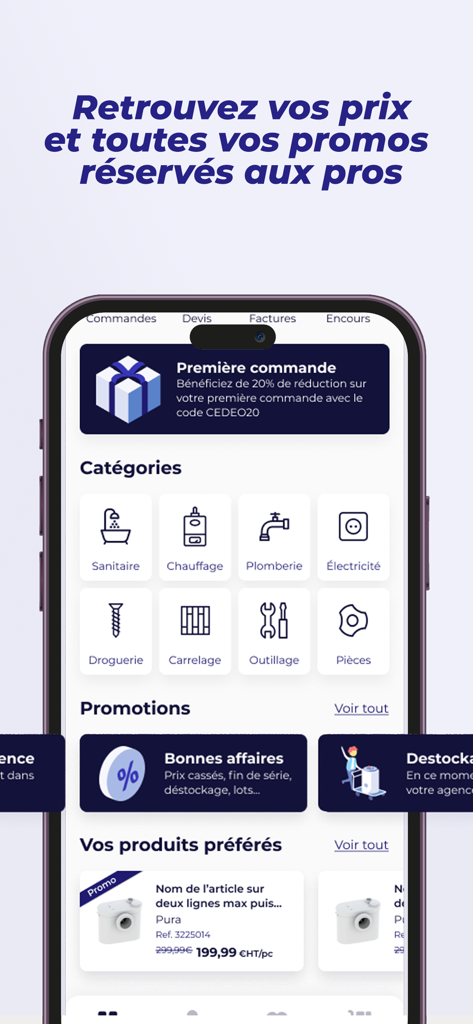 Écran d'accueil de l'application CEDEO montrant les catégories de produits pour les professionnels de la plomberie et du chauffage