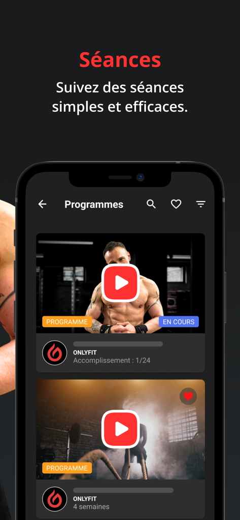 ONLYFIT - Interface of the ONLYFIT mobile app showing various fitness workout programs and video training sessions.