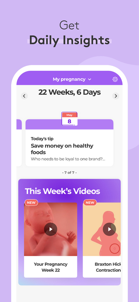 Pregnancy Baby Tracker - WTE - Interface of the What to Expect pregnancy app featuring daily progress tracking at week 22 and educational videos.
