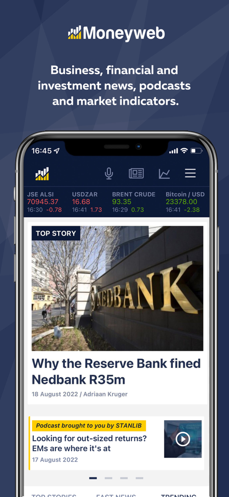 Moneyweb app displaying business news and financial market indicators