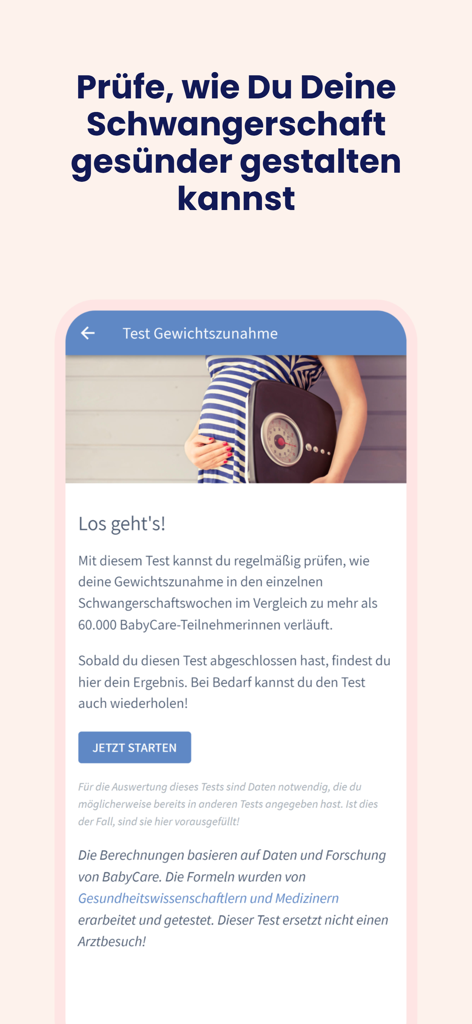 건강한 임신 추적을 위한 BabyCare 앱 체중 증가 모니터링 테스트 스크린샷