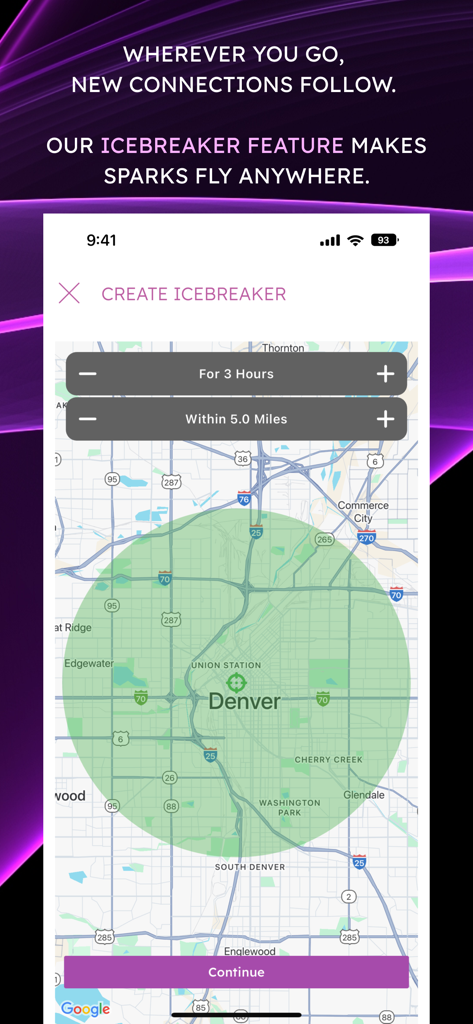 Interface of Quiver dating app Icebreaker feature showing a map with location based discovery settings