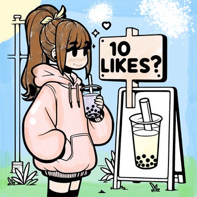 girl with oversized hoodie drinking boba and she has a high ponytail with a sign that says 10likes?