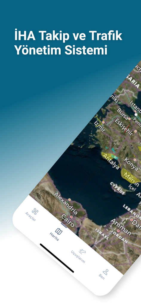 IHA TAKIP - Screenshot of the IHA TAKIP mobile app displaying a regional flight map for UAV tracking and traffic management.