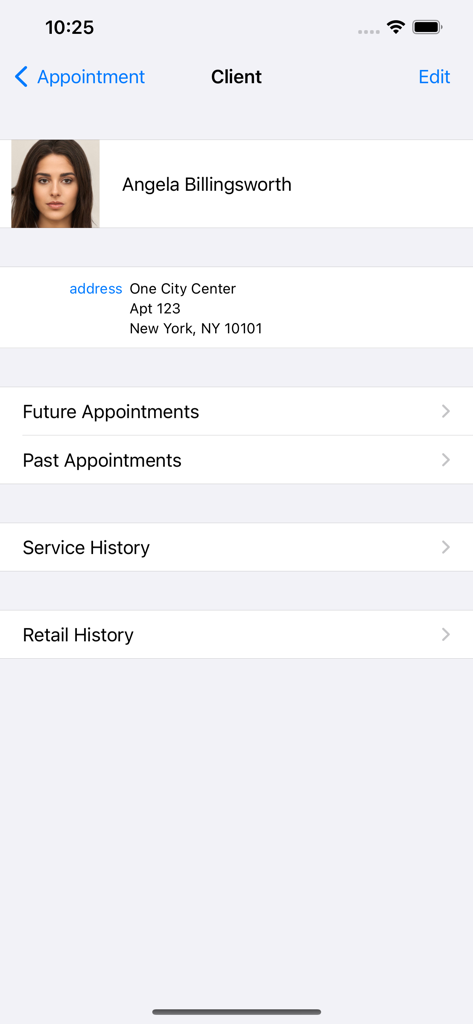 STX salon app client profile screen with guest name and history